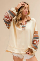 BiBi French Terry Knit and Aztec Print Mixed Top OutfitFlow
